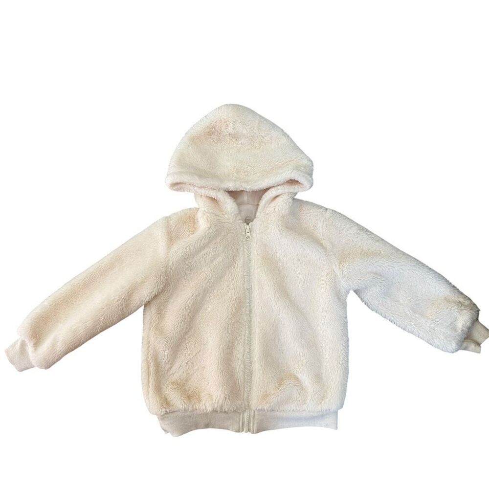 Wonder Nation Girls Cream Faux Fur Sherpa Hooded Jacket Size 5T Full Zip